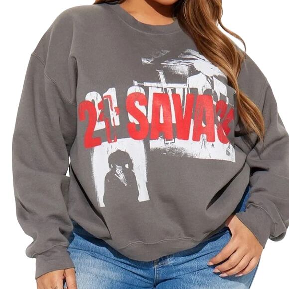 21 SAVAGE Washed Crewneck Sweatshirt in Charcoal, Size S, New without Tag - Picture 5 of 9